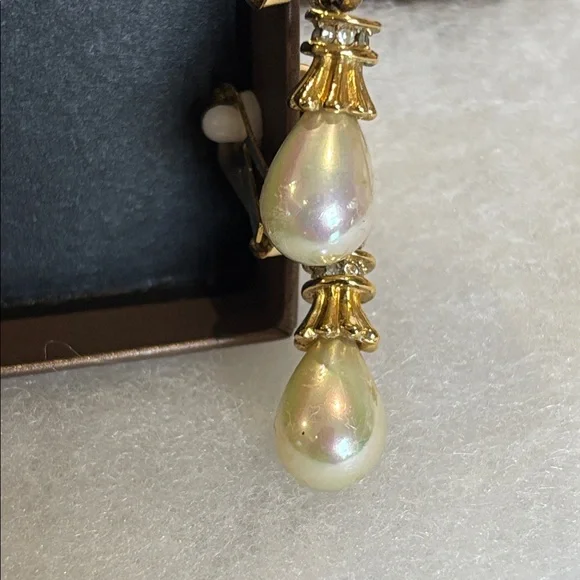Vintage Christian Dior Gold Tone Crystal, Rhinestone, faux Pearl Clip Earrings
